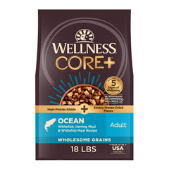 Wellness CORE+ adult dog food bag shows a chicken-free formula for lean protein.