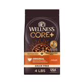 Wellness CORE+ adult dry dog food bag showing grain-free formula for protein-rich meals.