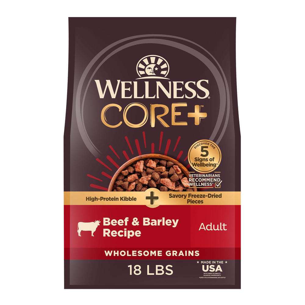 Wellness CORE+ bag displaying beef and barley recipe for a protein-rich meal.