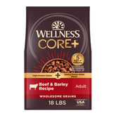 Wellness CORE+ bag displaying beef and barley recipe for a protein-rich meal.