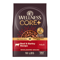 Wellness CORE+ bag displaying beef and barley recipe for a protein-rich meal.
