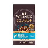 Wellness CORE+ dry dog food bag showcasing grain-free formula for protein-rich meals.