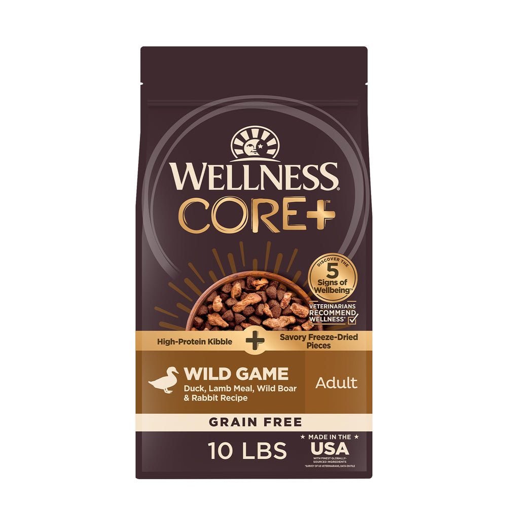Wellness CORE+ grain-free adult dog food front bag shows premium ingredients for lean energy