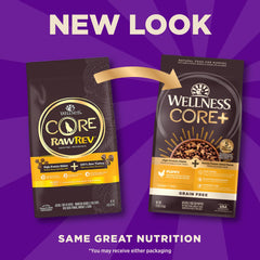 Wellness CORE+ Grain-Free Kibble image highlights high-protein nutrition without grains.