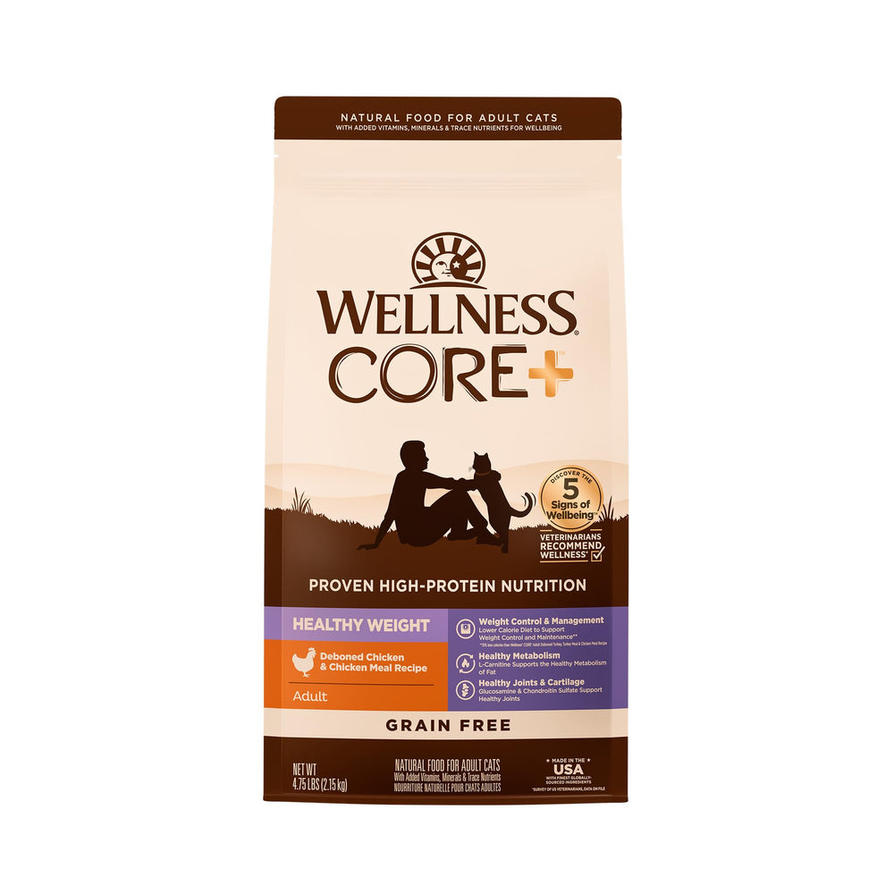 Wellness CORE+ Healthy Weight kibble in a bowl supports balanced energy.