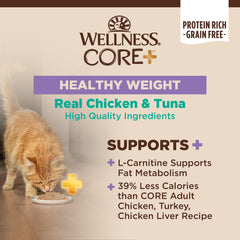 Wellness CORE+ pate ingredients image shows chicken and tuna for balanced feline nutrition.