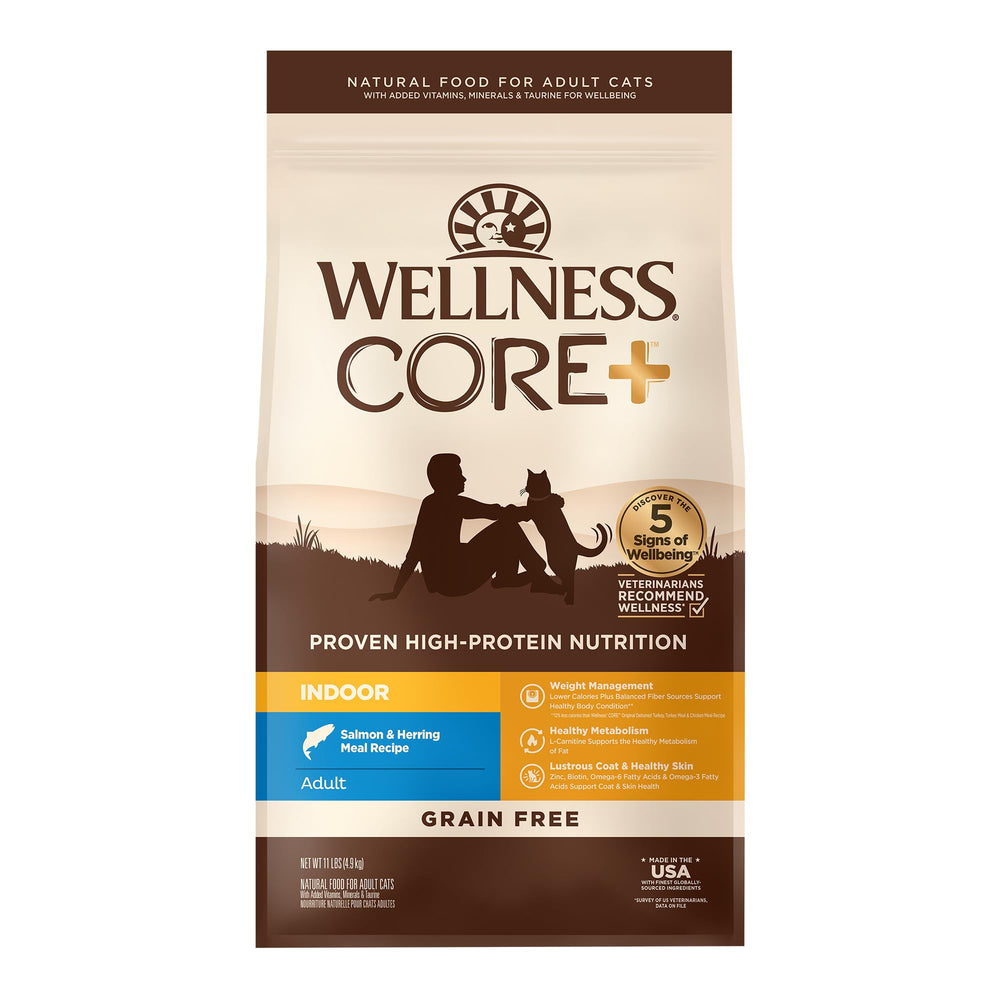 Wellness CORE+ indoor salmon-herring bag on counter highlights grain-free recipe for indoor cats