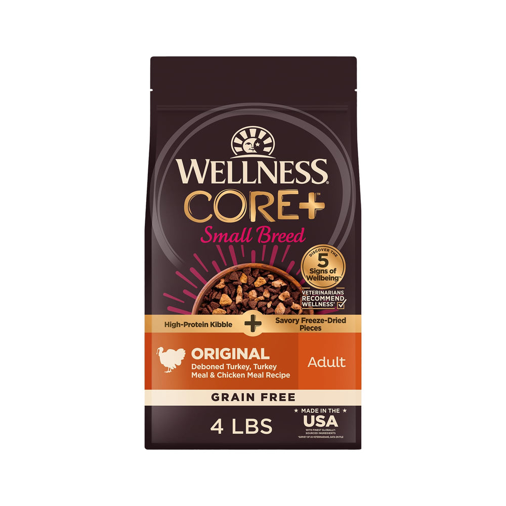 Wellness CORE+ small breed bag front shows protein-rich blend for lean muscle support