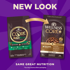 Wellness CORE+ wild game duck kibble close-up suggests savory protein for dogs