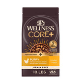 Wellness CORE+ puppy dry food in a bowl shows lean protein and texture for puppies