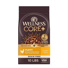 Wellness CORE+ puppy dry food in a bowl shows lean protein and texture for puppies