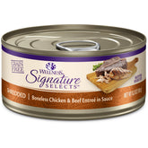 Wellness CORE Signature Selects chicken-beef entree cans; high-protein, grain-free cat food.