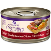 Wellness CORE Signature Selects chunky beef and chicken entrΓ©e can, protein-rich.