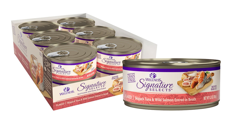 Wellness CORE Signature Selects flaked tuna and salmon cans for protein-rich daily nutrition.