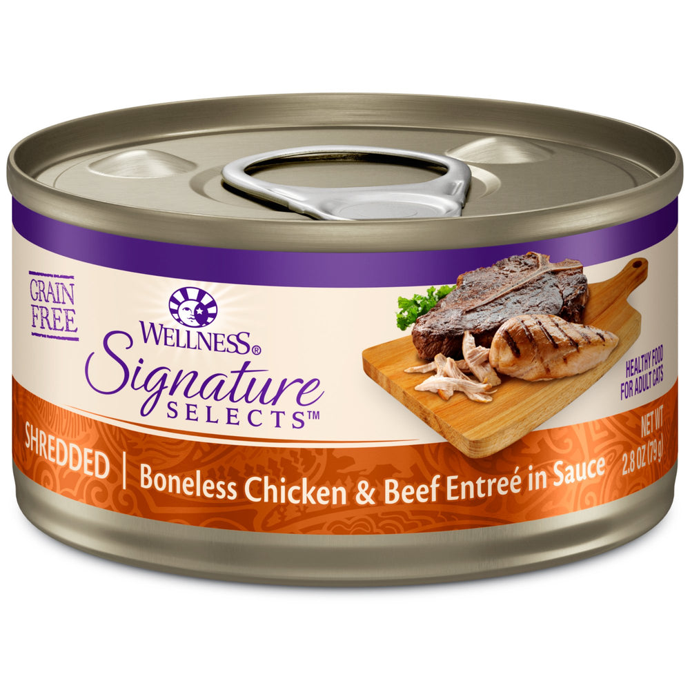 Wellness CORE Signature Selects shredded chicken and beef in sauce for a protein-rich meal your cat may love.