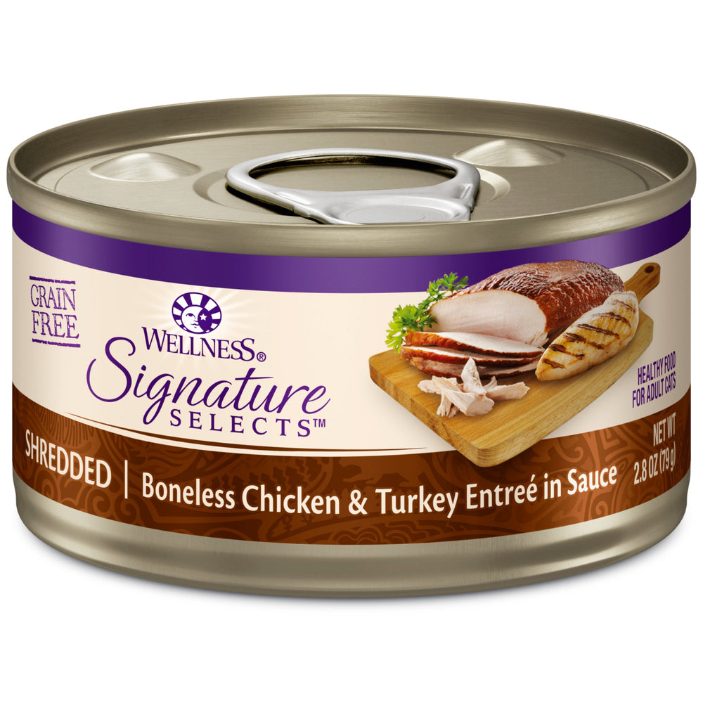 Wellness CORE Signature Selects shredded chicken and turkey cans show protein-rich wet cat food.