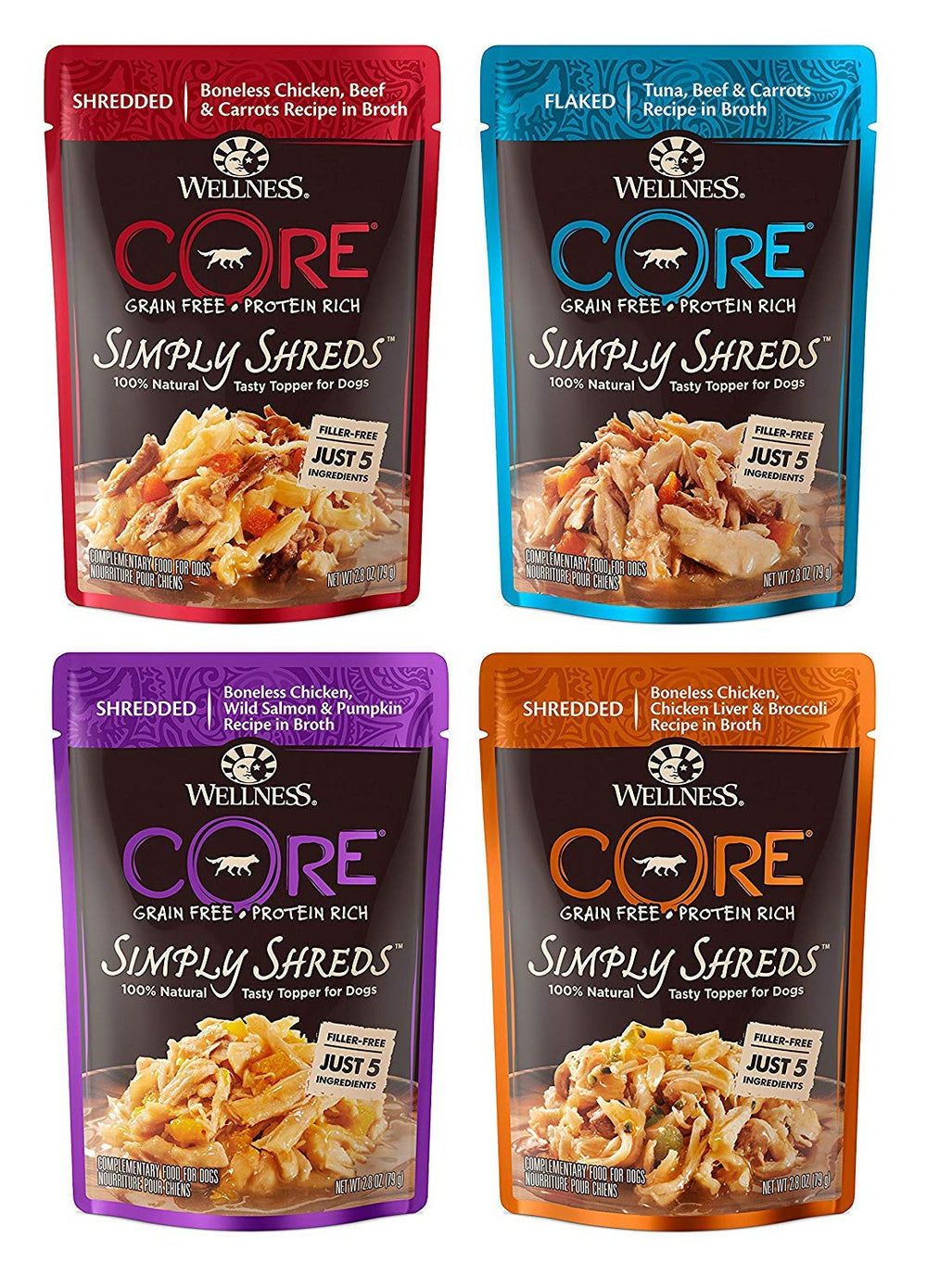 Wellness Core Simply Shreds variety pack pouches offer quick, protein-rich meal toppers.