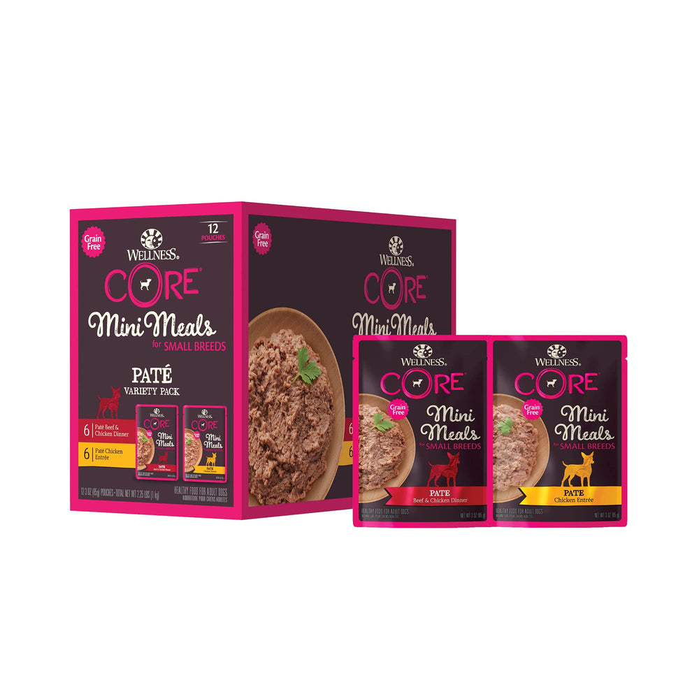 Wellness CORE Small Breed Pate Variety Pack packaging highlights convenient, grain-free meals.