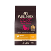 Wellness CORE small-breed puppy food bag front label; grain-free option for digestive comfort.
