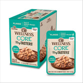Wellness CORE Tiny Tasters pouch with tuna and salmon flakes for easy feeding and hydration.
