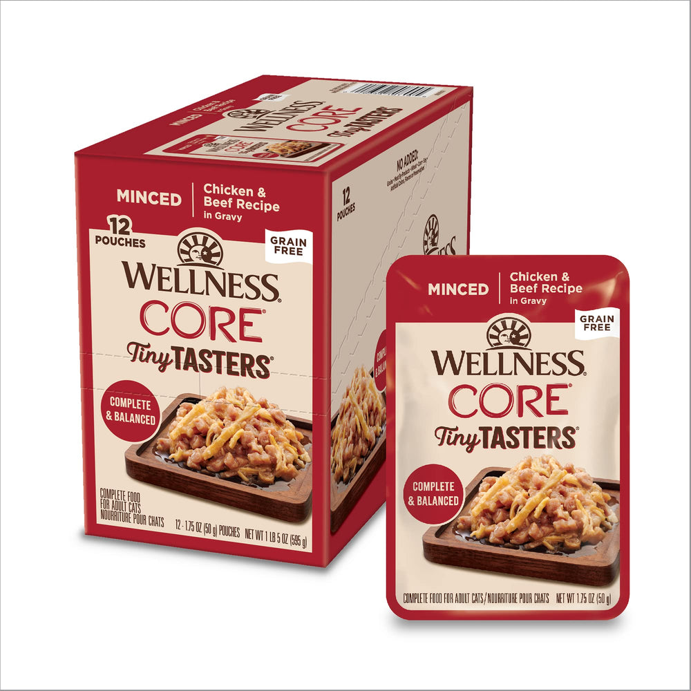 Wellness CORE Tiny Tasters chicken-beef pouch closed, convenient single-serve packaging for easy feeding.