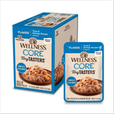 Wellness CORE Tiny Tasters tuna-shrimp-flaked-bowl shows grain-free, protein-rich meal in a serving bowl