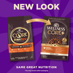 Wellness CORE+ grain-free kibble closeup highlights high-protein nutrition.