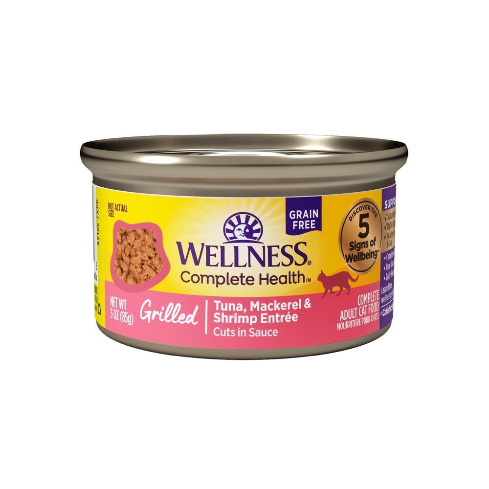 Wellness Grilled Tuna-Mackerel-Shrimp cat food can closeup showing grilled aroma