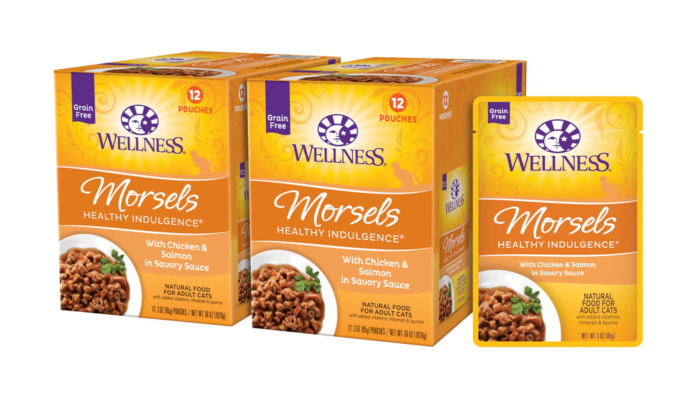 Wellness Healthy Indulgence Morsels chicken and salmon in gravy pouch for easy, grain-free meals
