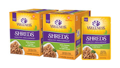 Wellness Healthy Indulgence Shreds chicken-turkey pouch showing grain-free, protein-rich meal for daily nutrition