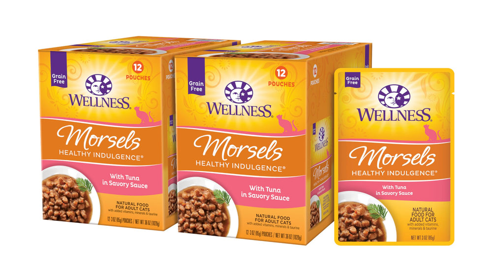 Wellness Healthy Indulgence Tuna Pouch on counter for easy, mess-free feeding.
