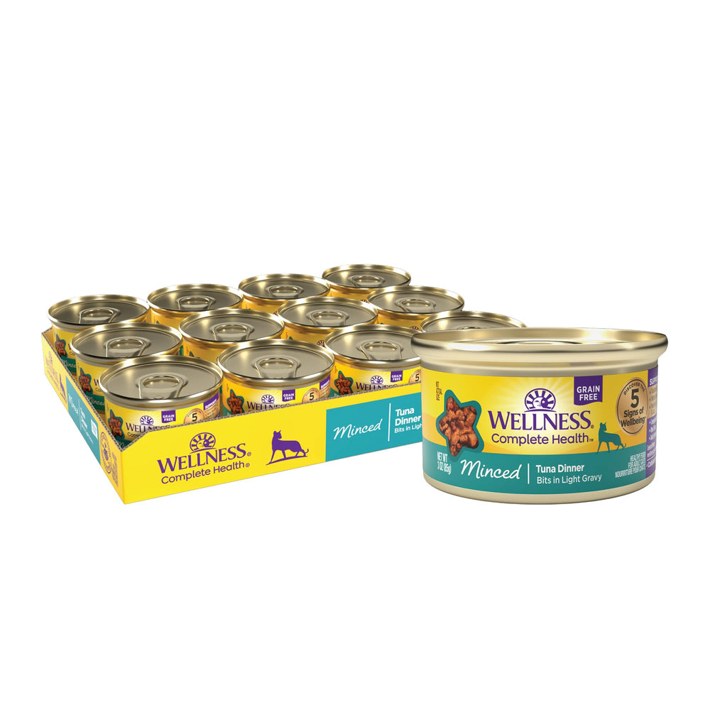 Wellness Minced Tuna Dinner cans in a 24-pack with grain-free formula supporting hydration.