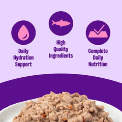 Wellness Minced Tuna Dinner close-up shows tiny tuna pieces in light gravy for easy chewing.