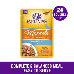 Wellness turkey-duck wet cat food in gravy offers easy serving.