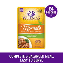 Wellness Healthy Indulgence Morsels close-up of meat texture emphasizes grain-free protein quality.