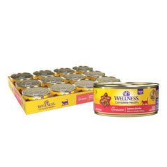 Wellness Complete Health Gravies Salmon Entrée open can shows protein-rich nutrition for cats
