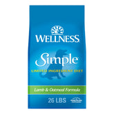 Wellness Simple Lamb & Oatmeal kibble bag highlights a single protein formula for sensitive stomachs.