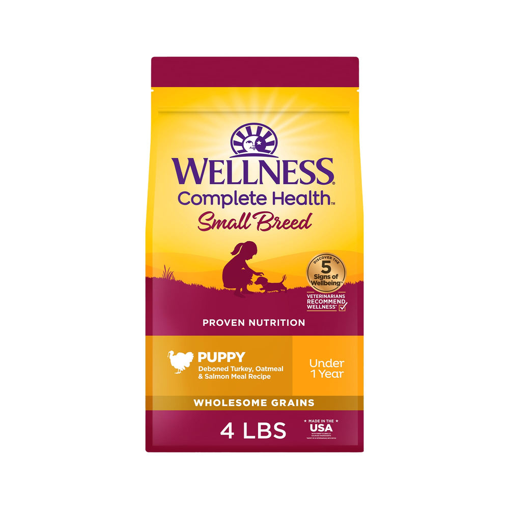Wellness small-breed puppy dry food in bowl highlighting kibble texture for daily energy.