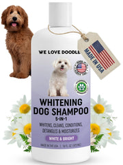 We Love Doodles whitening shampoo bottle for brighter coats.