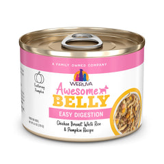Weruva Awesome Belly can with chicken, white rice and pumpkin for easy digestion.