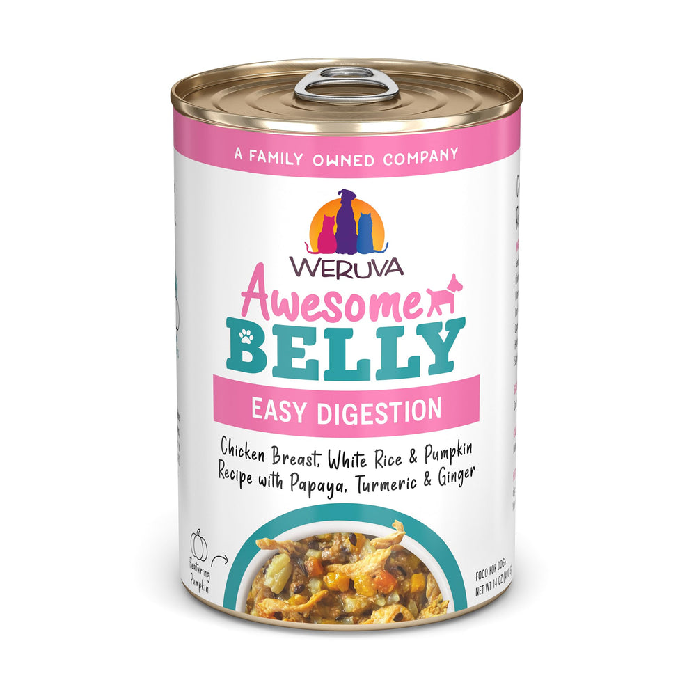 Weruva Awesome Belly chicken-white-rice-pumpkin-papaya 14oz β supports easy digestion in dogs.