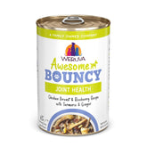 Weruva Awesome Bouncy chicken and brown rice can closeup, a complete meal for adult dogs.