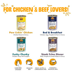 Weruva Baron's Batch Steak Frites 14oz can, beef and pumpkin blend for flavor and texture.