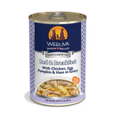Weruva Bed and Breakfast 14oz can with chicken, egg, pumpkin and ham in gravy for hydration.