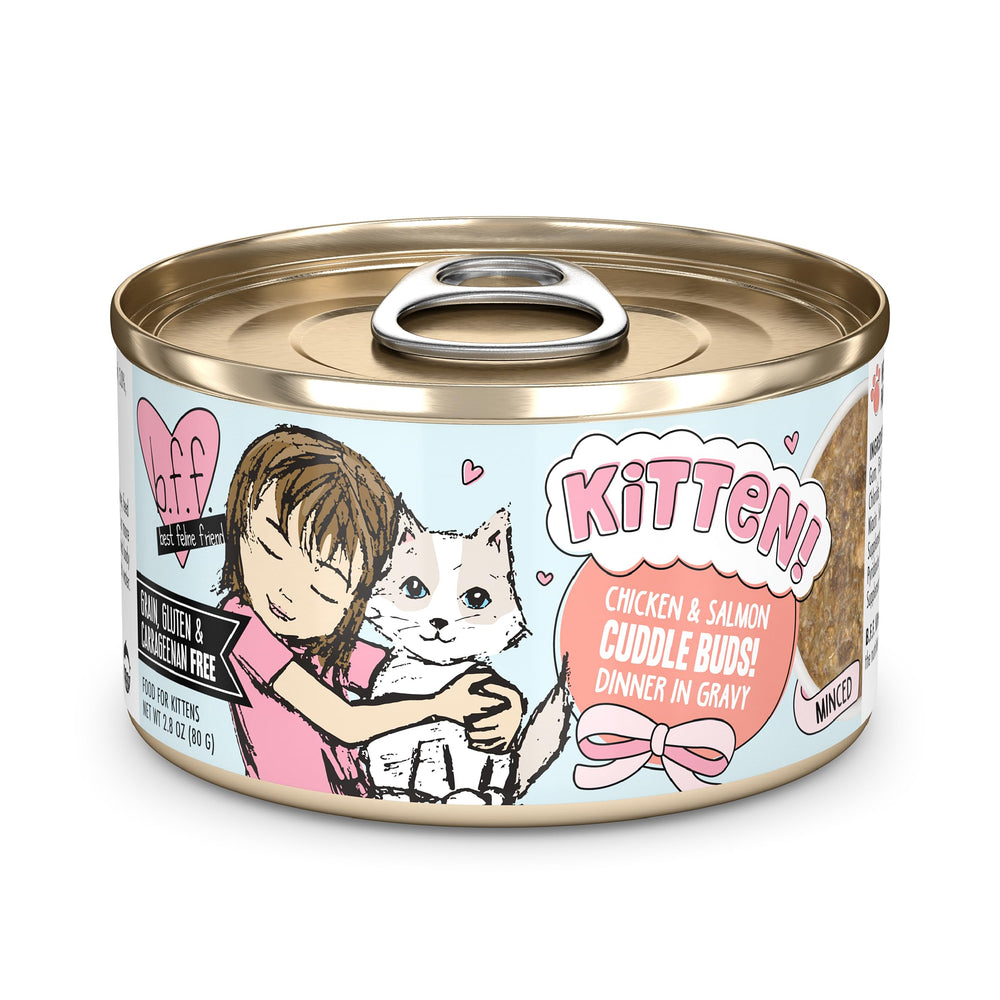 Weruva B.F.F. Kitten Cuddle Buds can of chicken and salmon in gravy with moisture for kittens.