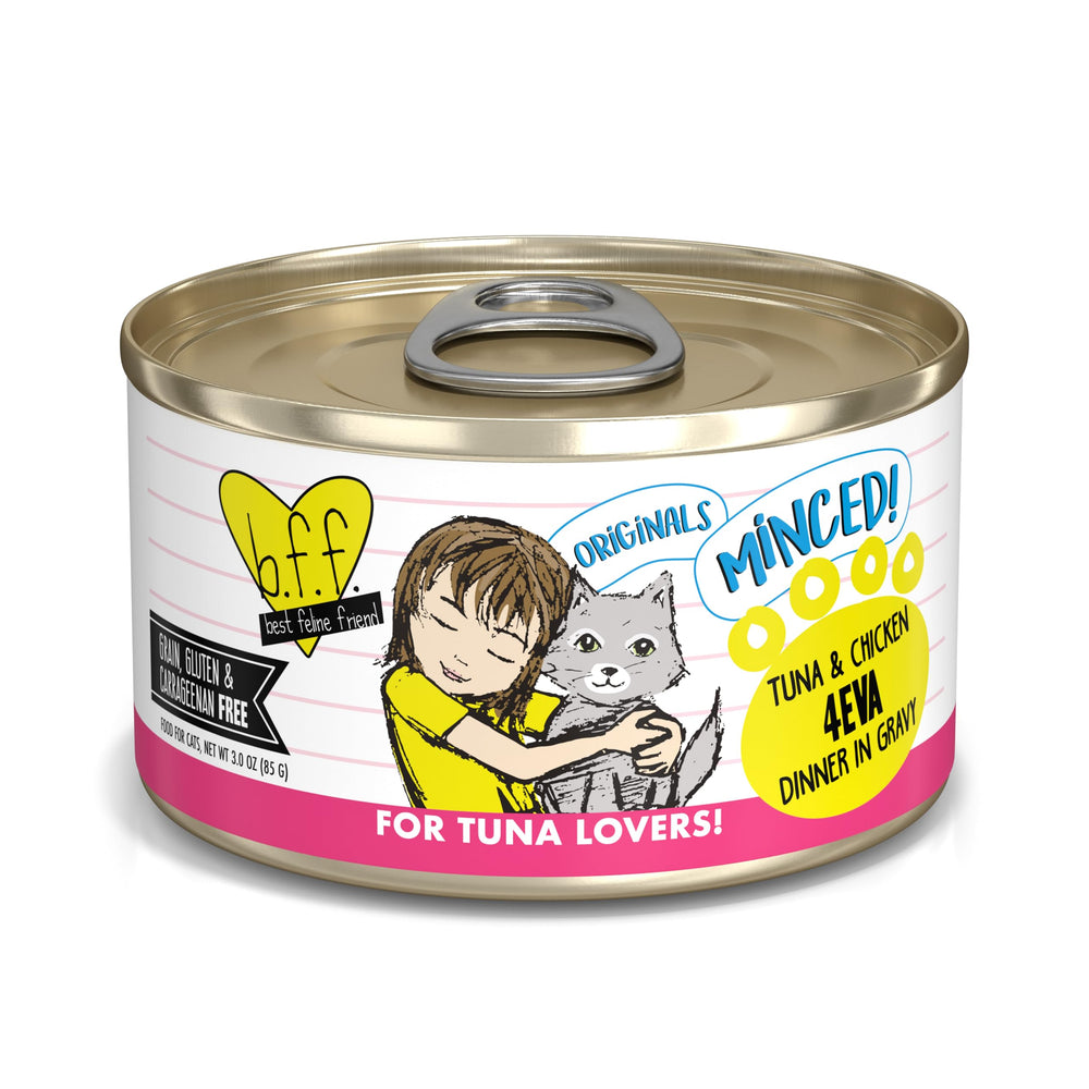Weruva BFF minced natural wet cat food with tuna-chicken in gravy for hydration and tastiness