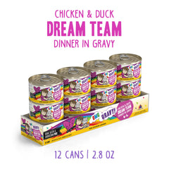 Weruva B.F.F. OMG chicken and duck in gravy can image highlighting lean protein for daily nourishment