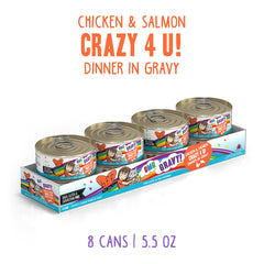 Weruva B.F.F. OMG chicken and salmon minced pieces in gravy entice meals.