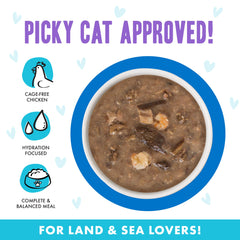 Cat enjoys tender meat chunks in gravy from Weruva B.F.F. OMG Ciao Baby.