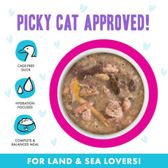 Minced duck and tuna in gravy highlight Weruva B.F.F. OMG protein flavor.